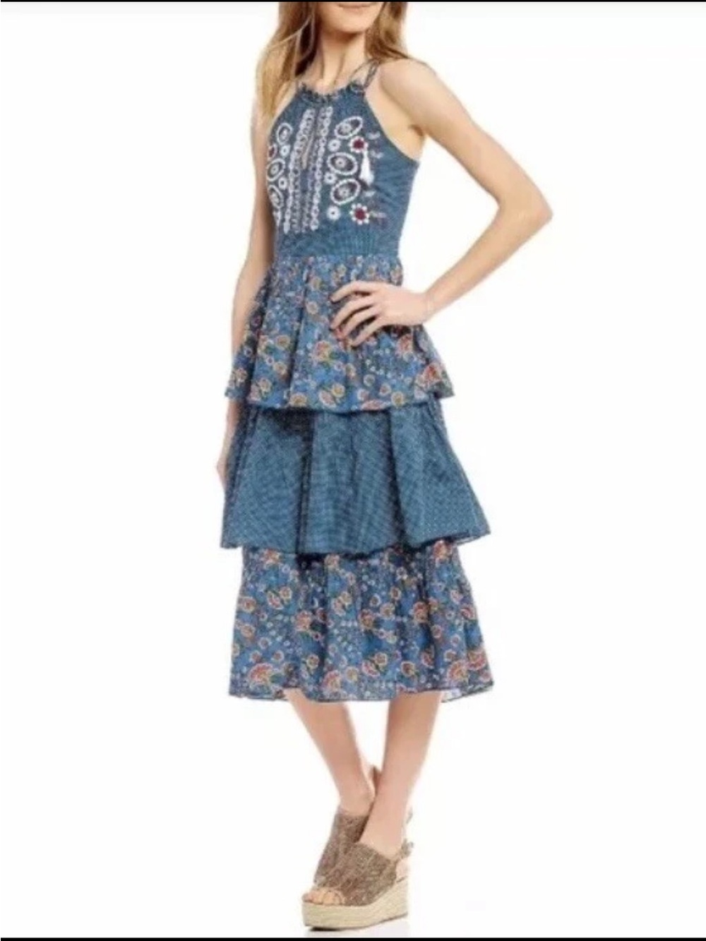 Kopal Anthropologie Boho Tiered Blue Embroidered Izzy Midi Dress Nwt XS $330